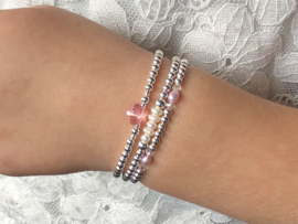 Armband Bloem roze met Swarovski crystal en écht zilveren balletjes