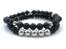 Heren armband Luuk met schijfjes onyx edelsteen en gerhodineerd Sterling zilveren kralen