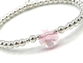 Armband Bloem roze met Swarovski crystal en écht zilveren balletjes
