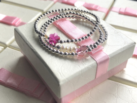 Armband Vlinder roze met Swarovski crystal en écht zilveren balletjes