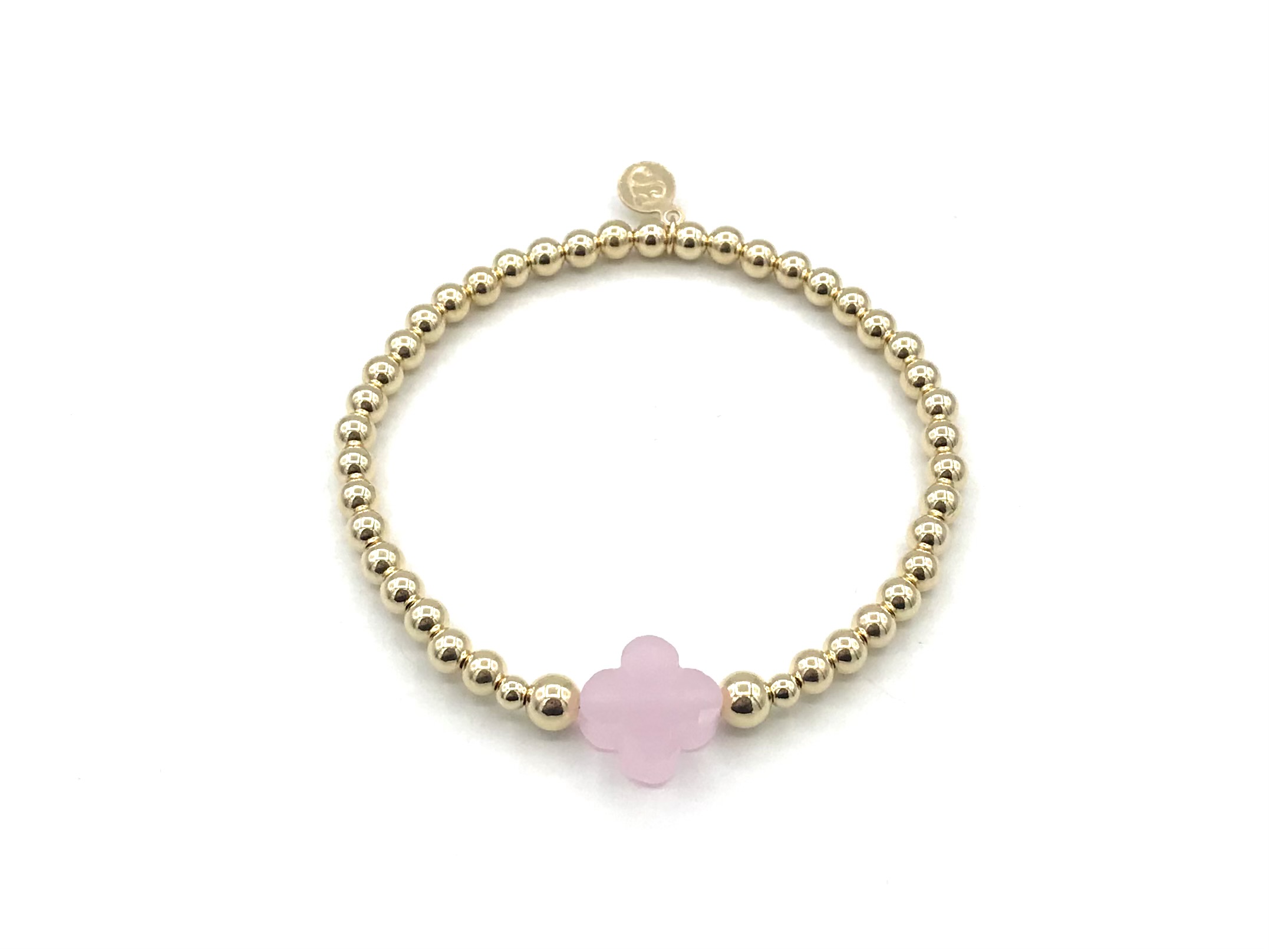 Armband Lizzie light pink met goudkleurige real gold plated balletjes en roze klavertje