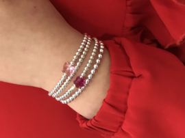 Armband Bloem fuchsia met Swarovski crystal en écht zilveren balletjes