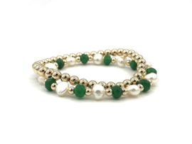 Armband Rhodé met real gold plated balletjes, groene jade en witte zoetwaterparels