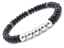 Heren armband Luuk met schijfjes onyx edelsteen en gerhodineerd Sterling zilveren kralen