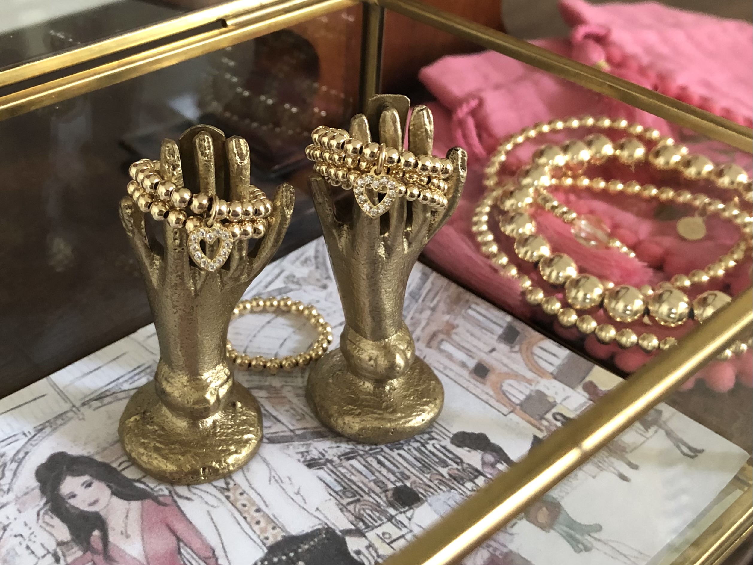 Setje stretch ring Lilla met real gold plated balletjes en hartje met zirkonia