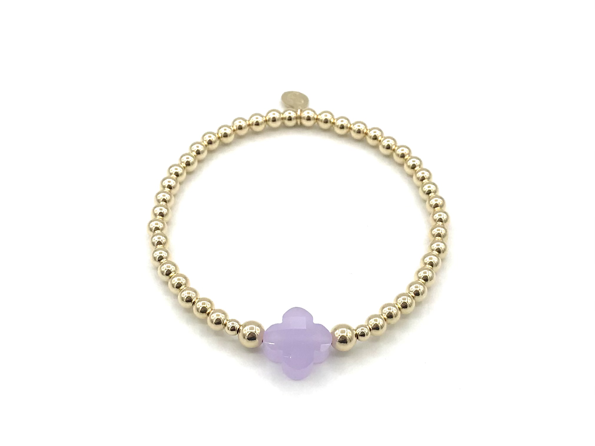 Armband Lizzie lila met goudkleurige real gold plated balletjes en lila klavertje