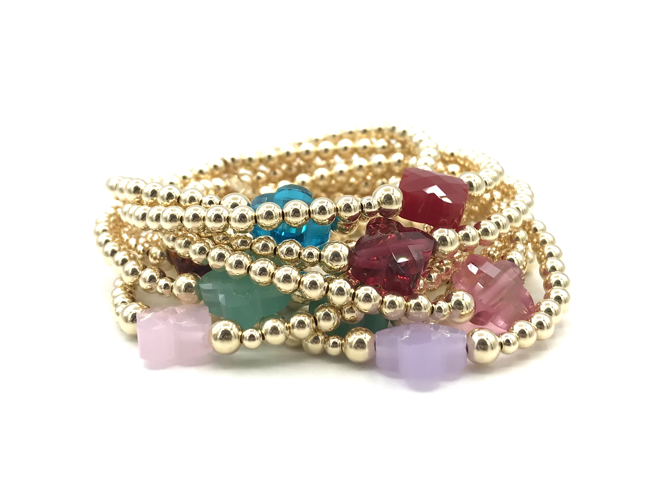 Armband Lizzie aqua met goudkleurige real gold plated balletjes en blauw klavertje