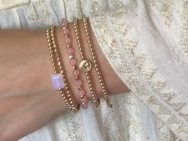 Armband Pink Lady met facet real gold plated balletjes en roze jade  edelsteen