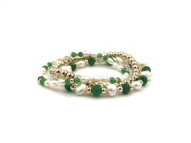 Armband Rhodé met real gold plated balletjes, groene jade en witte zoetwaterparels