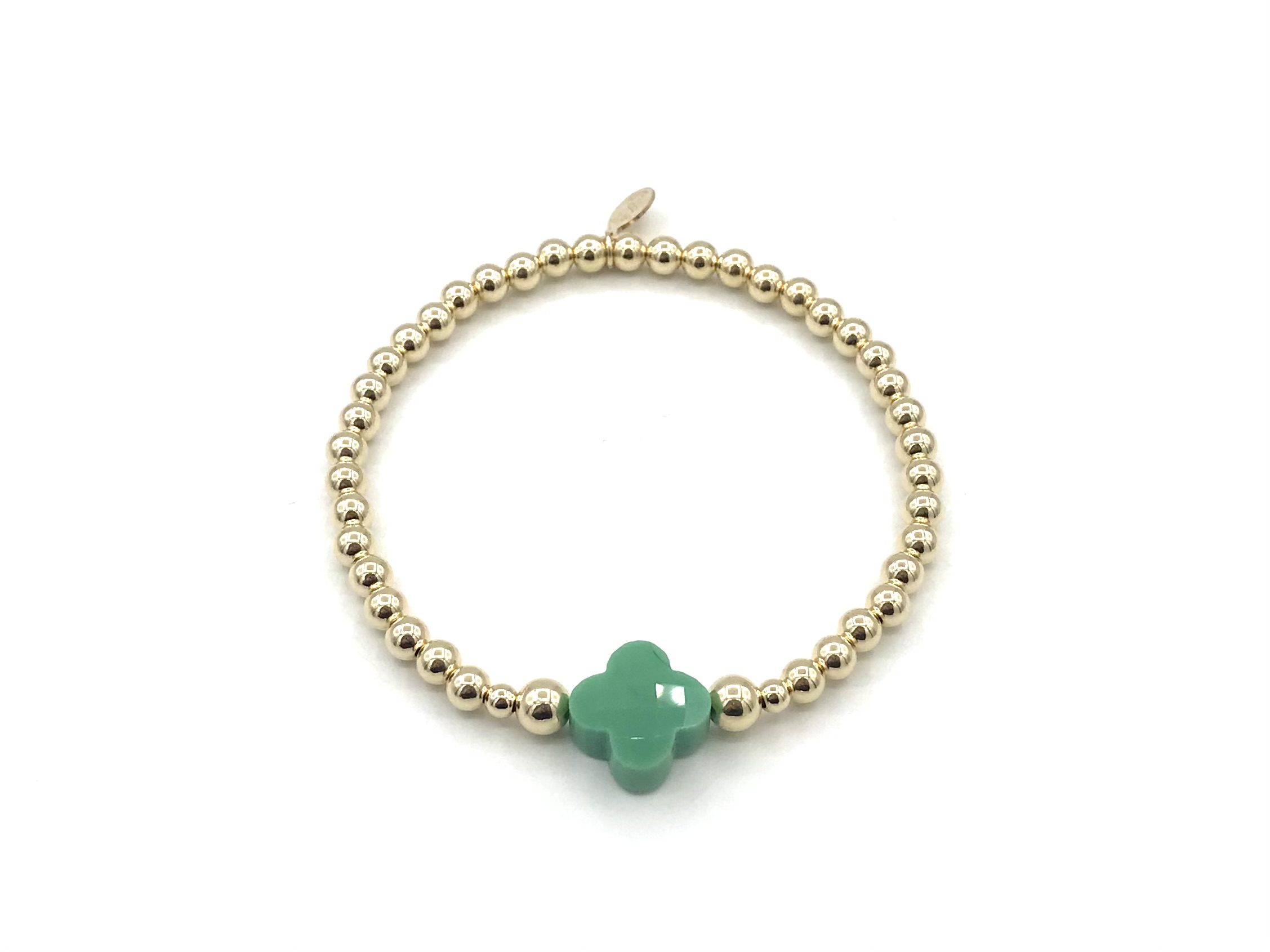 Armband Lizzie green met goudkleurige real gold plated balletjes en groen klavertje