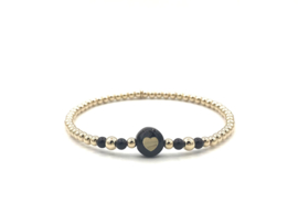 Armband Sienna met real gold plated balletjes en hartje van zwart parelmoer