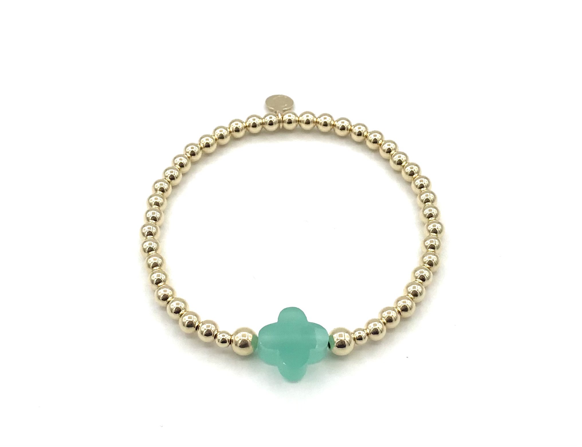 Armband Lizzie light green met goudkleurige real gold plated balletjes en groen klavertje