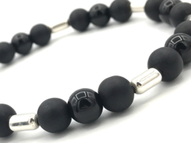 Heren armband Noud met matte en glanzende zwarte onyx en Sterling zilveren staafjes