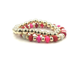 Armband Alisha pink/red  met gekleurde wieltjes en real gold plated balletjes