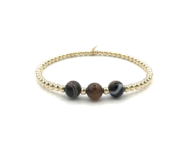 Armband Sil brown met real gold plated balletjes en onyx edelsteen