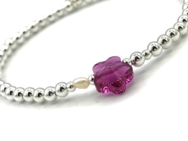 Armband Bloem fuchsia met Swarovski crystal en écht zilveren balletjes