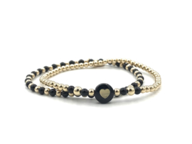 Armband Sienna met real gold plated balletjes en hartje van zwart parelmoer