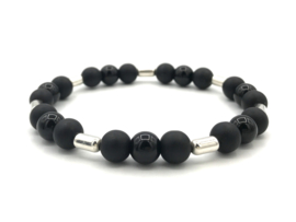 Heren armband Noud met matte en glanzende zwarte onyx en Sterling zilveren staafjes