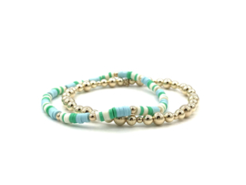 Armband Suzanne met real gold plated balletjes en blauw, groen en witte schijfjes