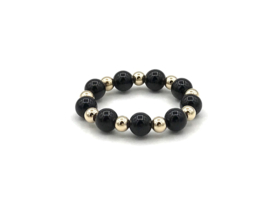 Stretch ring Nina met met real gold plated balletjes en zwarte onyx edelsteen