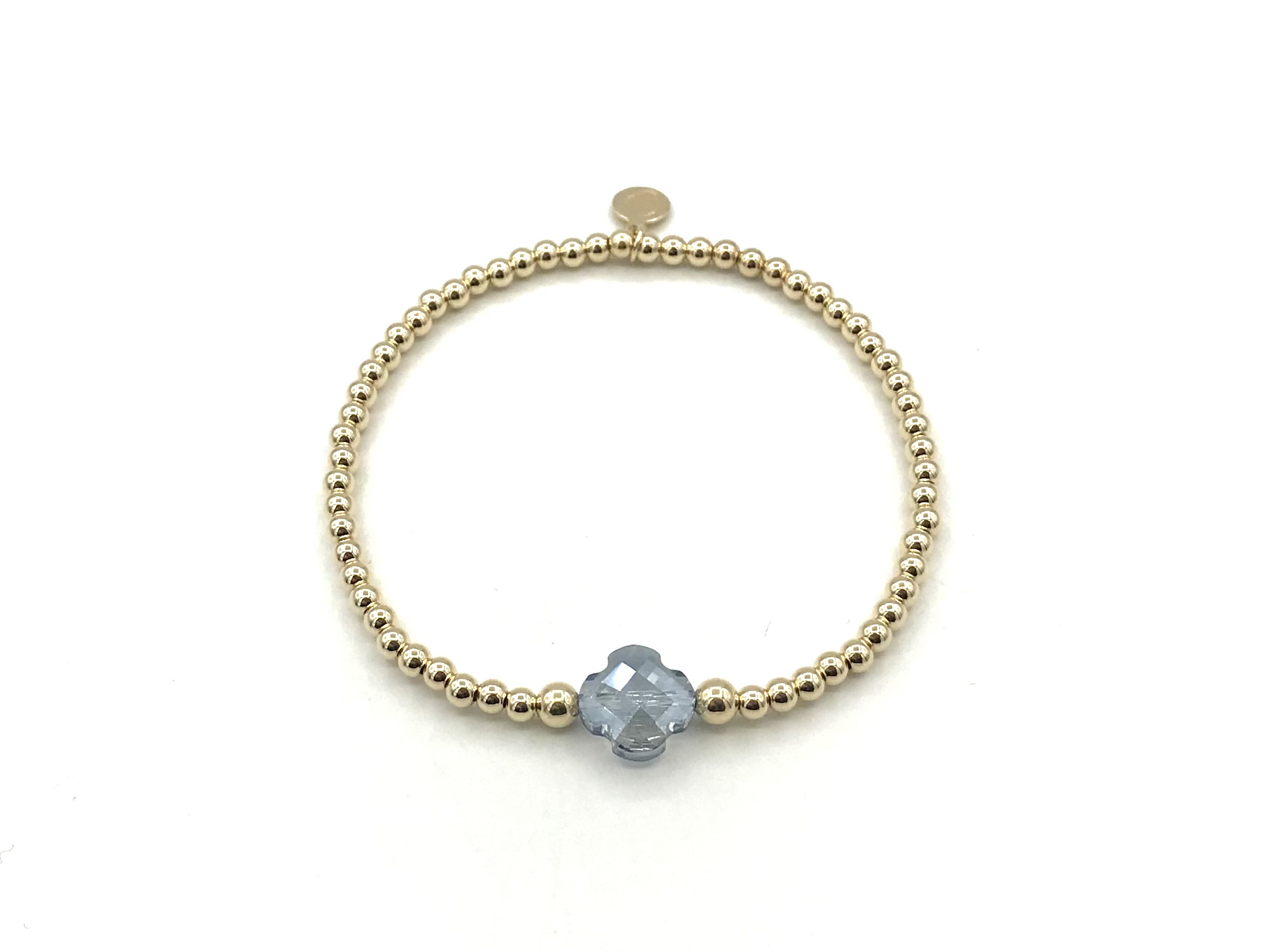 Armband Lobke met real gold plated bolletjes en licht blauw klavertje
