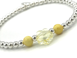 Armband Bloem geel met Swarovski crystal en écht zilveren balletjes