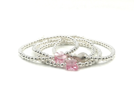 Armband Bloem roze met Swarovski crystal en écht zilveren balletjes