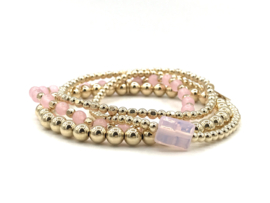 Armband Pink Lady met facet real gold plated balletjes en roze jade  edelsteen