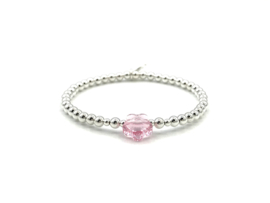 Armband Bloem roze met Swarovski crystal en écht zilveren balletjes