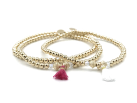 Armband Soof met real gold plated balletjes, Swarovski crystal en roze kwastje
