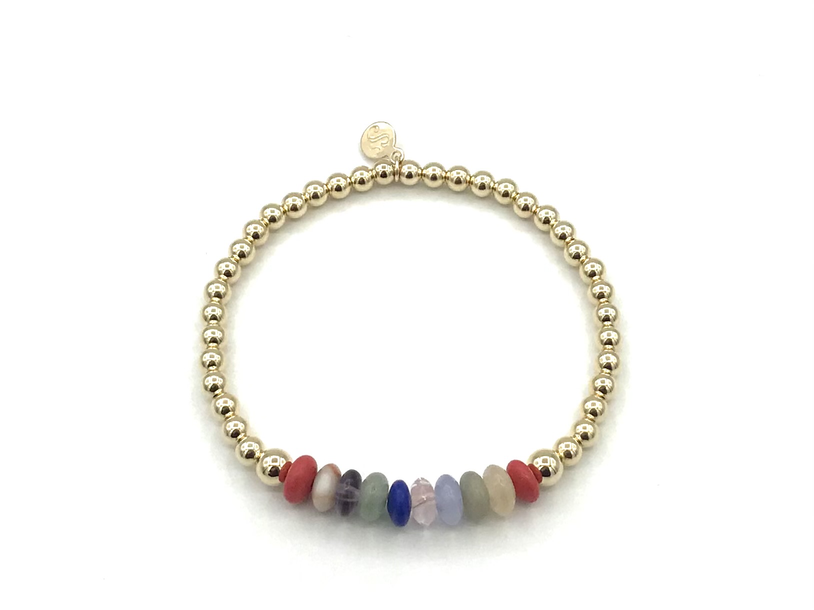 Armband Lonneke met goudkleurige real gold plated balletjes en wieltjes van verschillende edelstenen