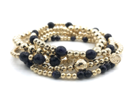 Armband Jinte met real gold plated balletjes en donkerblauw goudsteen