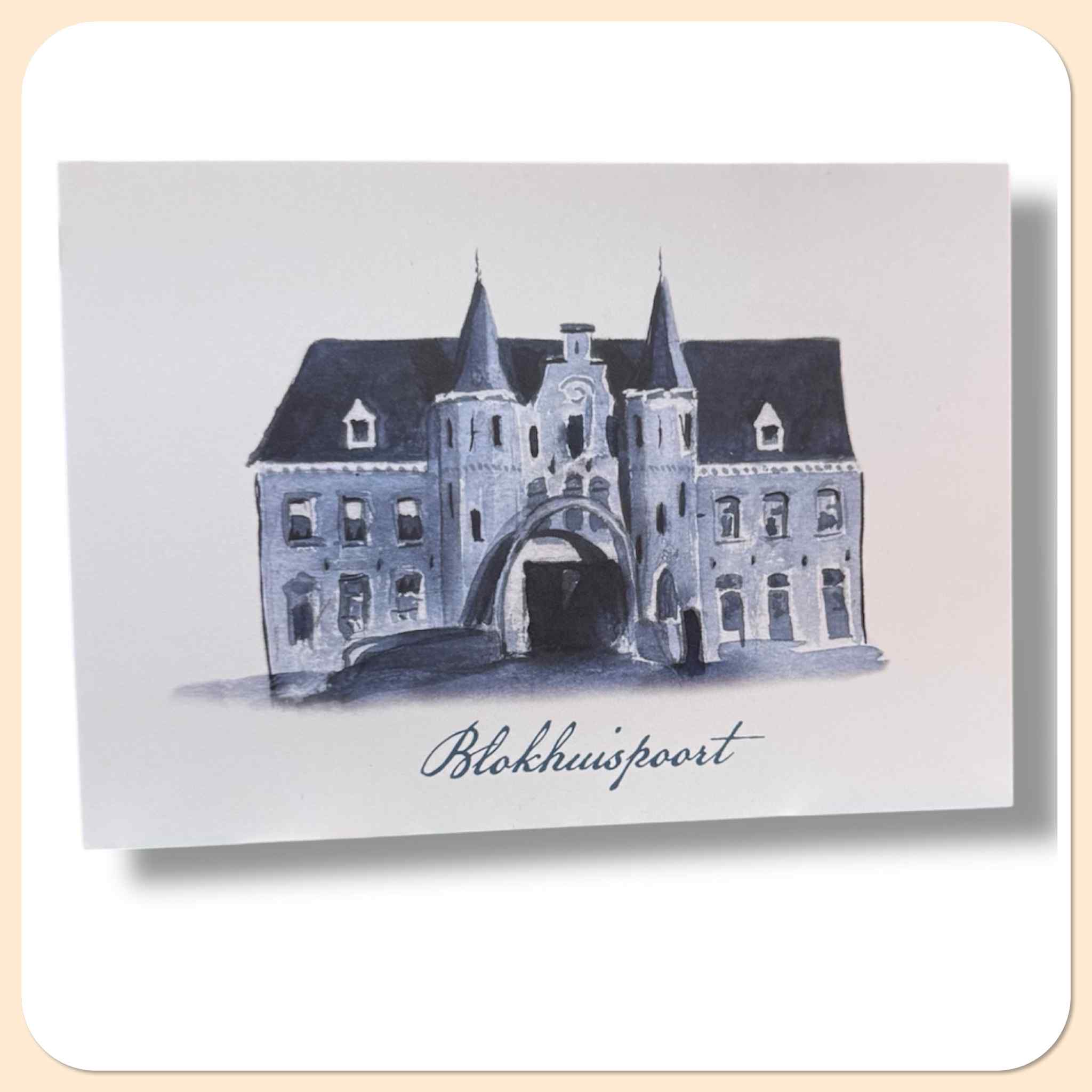 Blokhuispoort Leeuwarden - ansichtkaart blauw aquarel