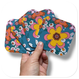 seventies onderzetters - retro forex grote bloemen vierkant blauw