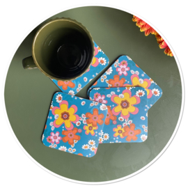 Blauwe onderzetters-  flower power 4 stuks