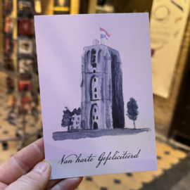 Leeuwarden Oldehove kaart -  gefeliciteerd ansichtkaart blauw aquarel