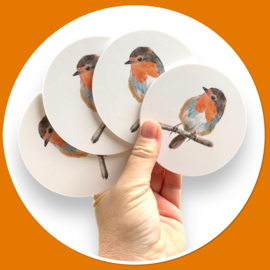 Ronde onderzetters Roodborst wit aquarel
