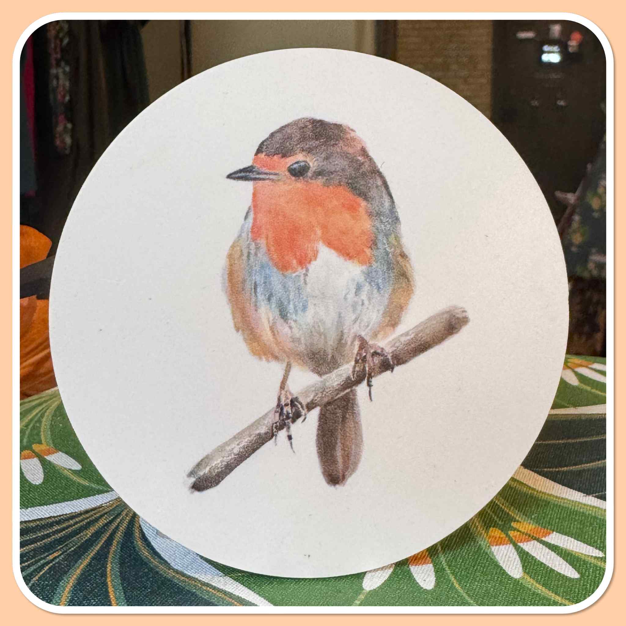 Ronde onderzetters Roodborst wit aquarel