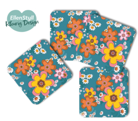 Blauwe onderzetters-  flower power 4 stuks