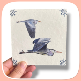Blauwe reigers-  circulair tegeltje voor aan de wand