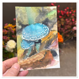ORIGINAL - Aquarel van blauwe paddenstoelen -handgemaakt