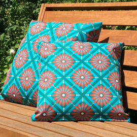 Retro kussen bloemen tegel Bobby  aqua rood
