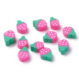 Polymeer kralen aardbei – ca. 12×7×5 mm – 5 stuks (roze/groen)