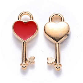 Sleutel bedels hart – rood – 16×7 mm – per 5 stuks