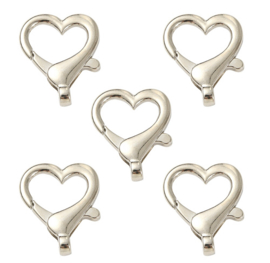 Karabijn sluitingen hart zilverkleurig – 26x22mm – per 5 stuks