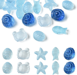 Glaskralen oceaan mix blauw – 25 stuks – diverse vormen