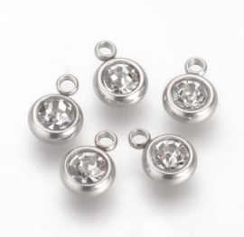 Stainless steel bedel met steentje – transparant – 9×6×3 mm – 10 stuks