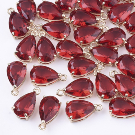 Glas bedel druppel – rood – goudkleurig – 15x8x6mm – per stuk