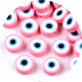 Polymeer kralen boze oog – ca. 11×11×5 mm – 5 stuks (roze)