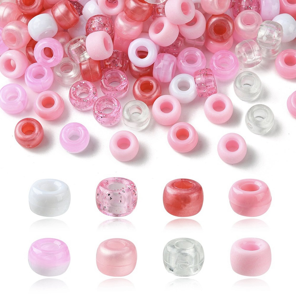 Kralen roze mix 9x6 mm – groot rijggat 3,5 mm – 200 stuks